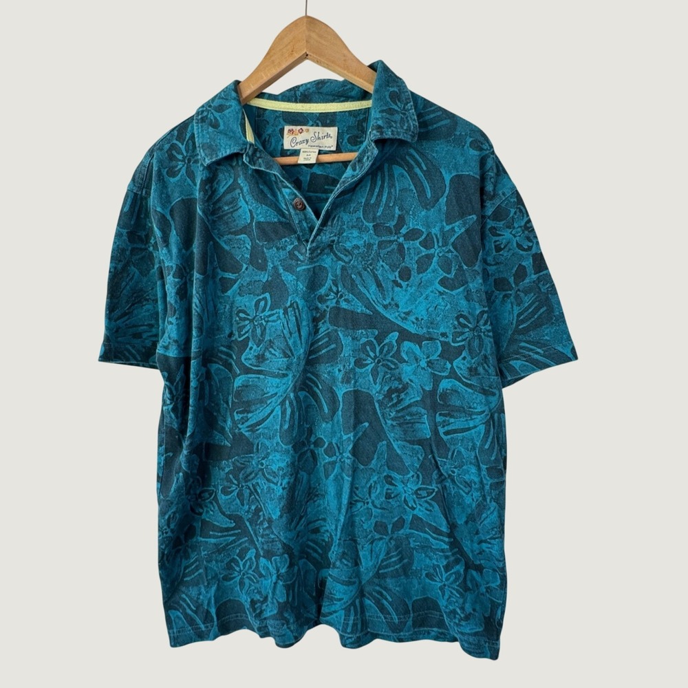 Crazy Shirts Hawaiian‎ Polo M Blue Green Floral Tropical Aloha Coastal Retro